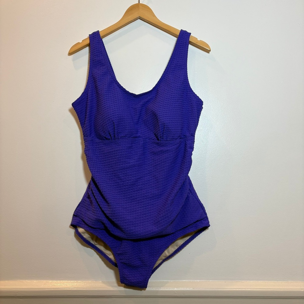 NWT Aquamore Purple Honeycomb Textured One Piece Swimsuit Ruched V-Neck Size 14